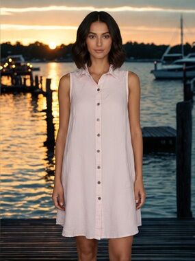 Linen Cotton Blend Sleeveless Button-Front Shift Dress in Soft Pink